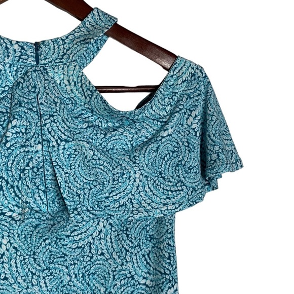 Michael Michael Kors Cold Shoulder Ruffled Halter Turquoise White Top XS - Picture 14 of 16